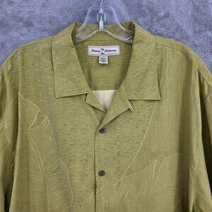 Tommy Bahama Loop Collar Silk Shirt L Yellow Green Tropical Textured Leaf Print